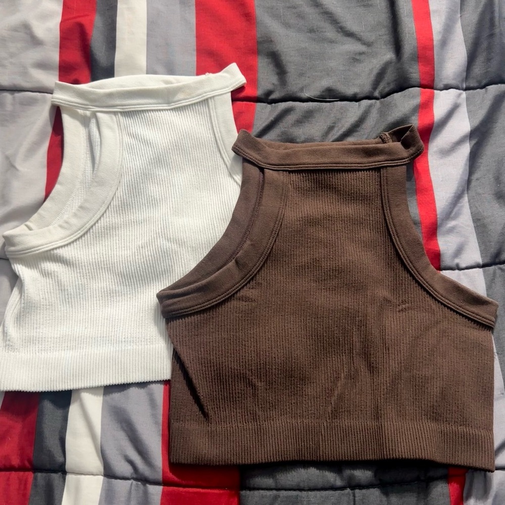 Cotton On Cream and Brown Fitted Crop Tank Tops